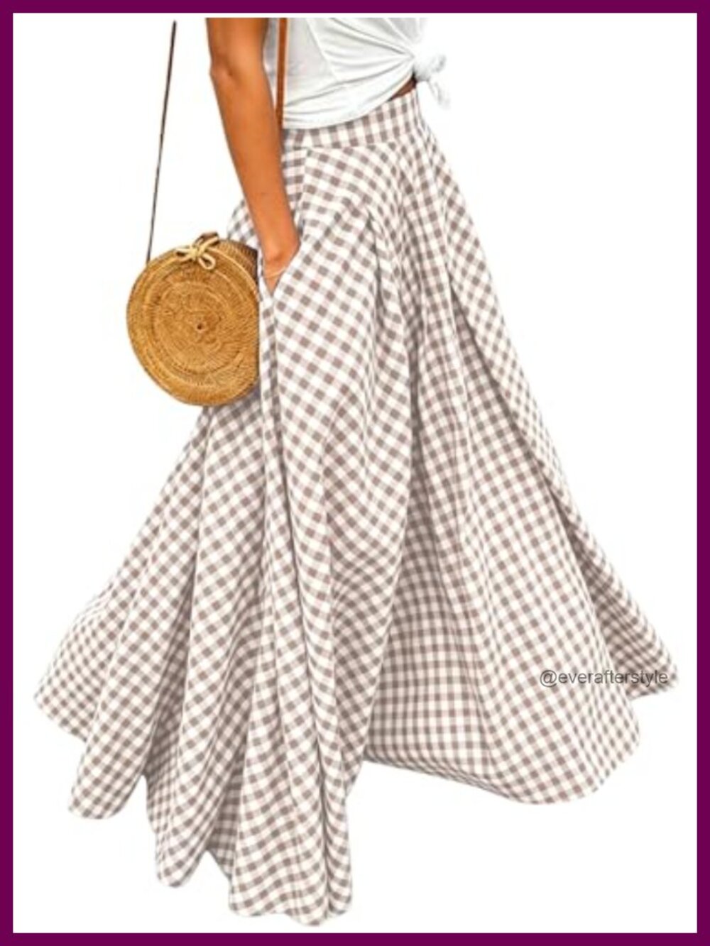 Women's Gingham Plaid High Waist A-Line Maxi Skirt Polyester Flowy Pockets